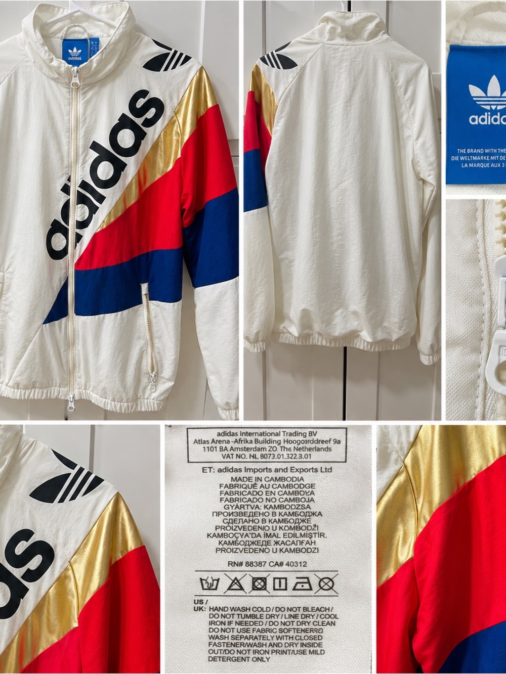 Adidas Originals Colorblock Windbreaker Jacket White Gold Red Blue XS